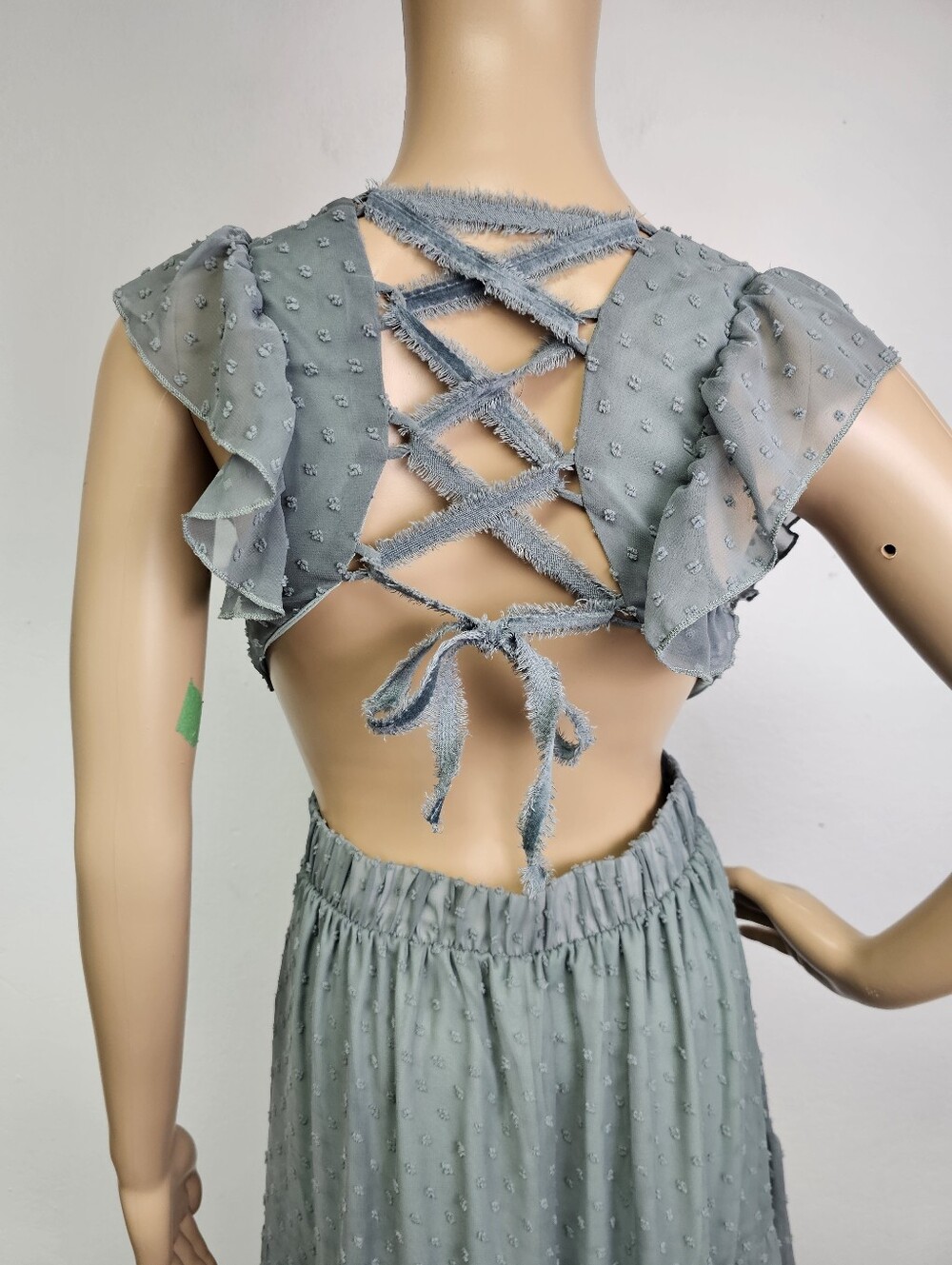 Altar'd State Sage Green Swiss Dot Tiered Maxi Dress Lace Back Sz M Fairycore - Picture 7 of 10